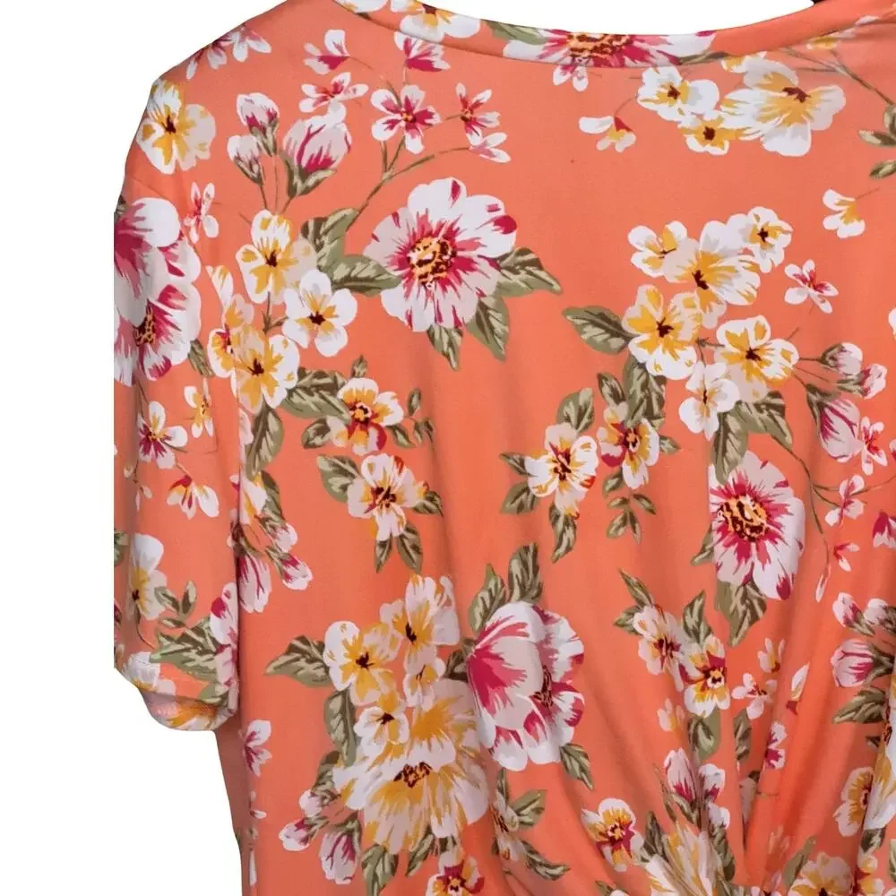 Tiana B Coral Pink Floral Short Sleeve Twist Front Top NWT Size 1X